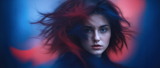 primo piano volto di giovane donna dai capelli scuri con ciocche in rosso e blu - obrazy, fototapety, plakaty
