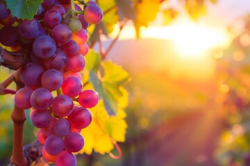 a bunch of grapes hanging from a vine at sunset