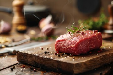Animal product, red meat, beef steak on cutting board for cooking recipe