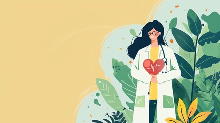 a woman in a lab coat holding a heart in her hands and surrounded by plants and leaves - obrazy, fototapety, plakaty