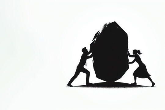 Silhouettes of a man and a woman pushing a stone. Space for text.