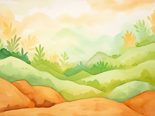 Earthy Landscape, Earth element, rich browns & greens, grounded, cartoon drawing, water color style.