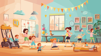 Cartoon children playing at day care center or nurs - obrazy, fototapety, plakaty