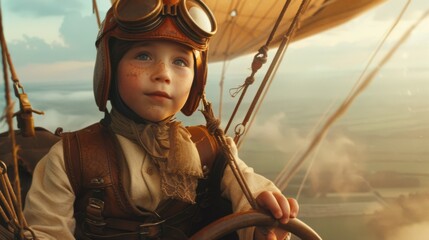 A young boy is dressed in a pilots helmet and goggles, ready for an adventure. He stands confidently, exuding excitement and imagination in his playful outfit.