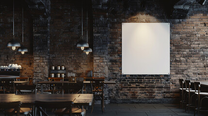 A clean, square poster mockup, placed on a dark, textured brick wall in an urban coffee shop. 32k, full ultra hd, high resolution