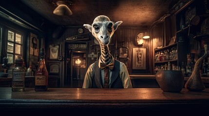 Anthropomorphic Bartender Serving Beer to Animal Patrons Generative AI - obrazy, fototapety, plakaty