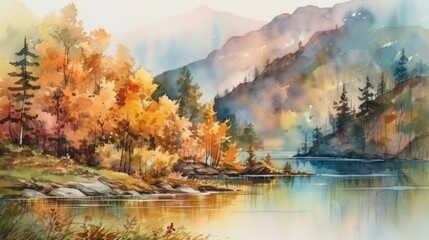 Autumnal Watercolor Landscape Generative AI