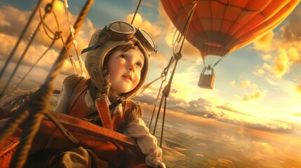 A little boy is seated inside a colorful hot air balloon, looking out with curiosity and excitement. The balloon is floating in the sky, with fluffy clouds in the background.