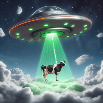 An alien spaceship flies with a cow above the clouds.