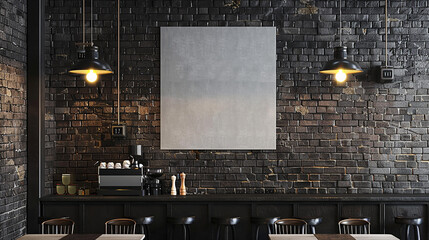 A clean, square poster mockup, placed on a dark, textured brick wall in an urban coffee shop. 32k, full ultra hd, high resolution