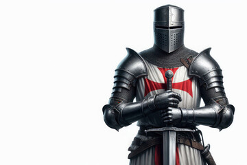 A knight in armor and with a sword on a white background. Space for text.