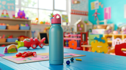 A colorful, children's water bottle mockup in a playful kindergarten classroom. 32k, full ultra hd,...
