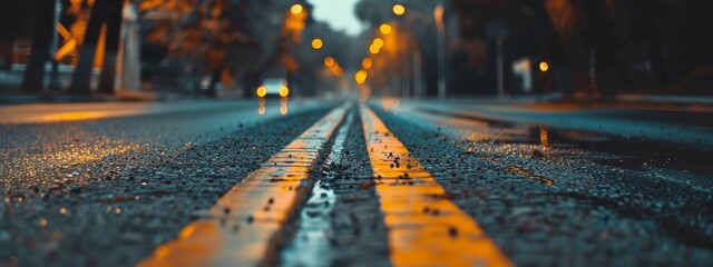 a wet street with a yellow line on the side of it at night time - obrazy, fototapety, plakaty