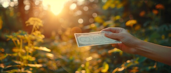 Hand issuing dividend check, clear focus on action, soft background, natural light - obrazy, fototapety, plakaty