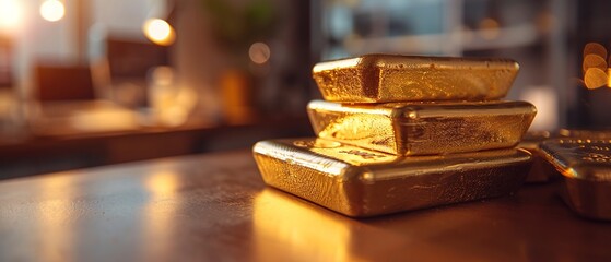 Gold bars on trading desk, soft focus, warm lighting, wealth symbol, close-up