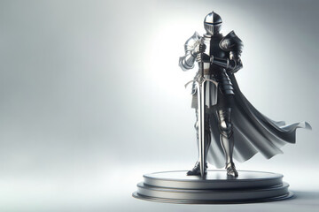 A knight standing in armor and holding a sword. Space for text.