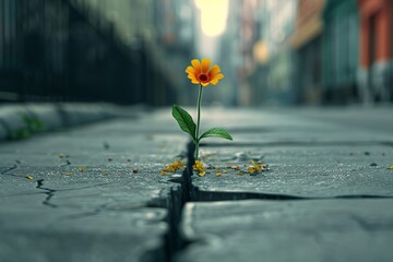 A lone, vibrant flower emerges through a crack in an urban sidewalk, its resilience shining brightly against the monochrome tones of the concrete jungle.