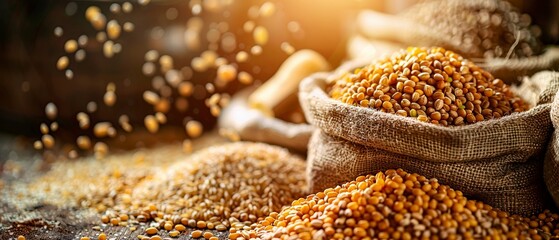 Agricultural commodities, grains close-up, natural sunlight, farming to trading concept - obrazy, fototapety, plakaty