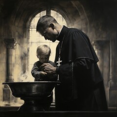 Naklejka premium Christian Baptism Ceremony in Historic Church Generative AI