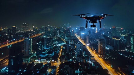 Drone soars over a city at night, its lights illuminating the urban landscape below. The citys...