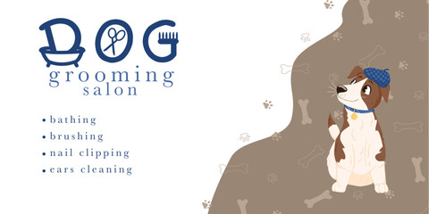 Vector poster template for pet shop, dog grooming salon. Cute design with dogs and paw print pattern. Hand written logo. Vector cartoon illustration for flyer, banner, advertisement, business card