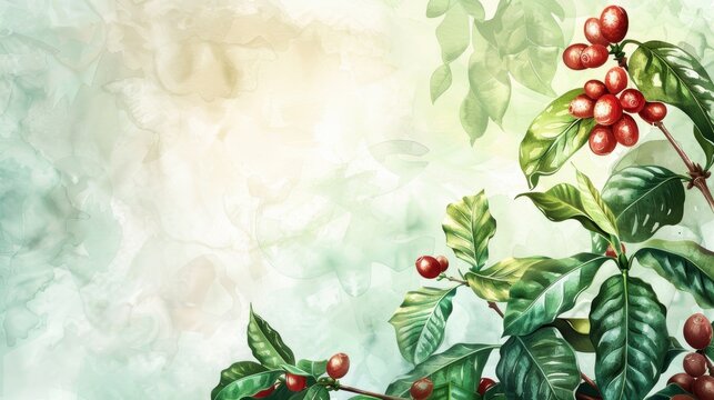 A painting of a tree with green leaves and red berries. The painting has a peaceful and calming mood