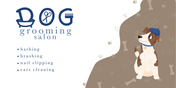 Vector poster template for pet shop, dog grooming salon. Cute design with dogs and paw print pattern. Hand written logo. Vector cartoon illustration for flyer, banner, advertisement, business card