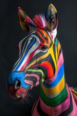 A zebra with its head cut off and its face painted with a rainbow of colors. The zebra's face is a colorful and artistic representation of the animal's natural beauty. The painting is a creative