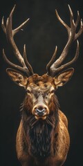 A deer with large antlers is standing in front of a black background. Concept of strength and power, as the deer's antlers are prominently displayed