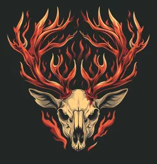 Deurstickers A skull with a deer head on top of it. The deer head is red and has flames coming out of it © awaiart