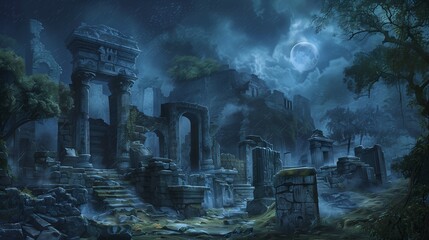 Step into a realm of magic and mystery, where ancient ruins stand as silent sentinels against the passage of time. Bathed in soft moonlight.