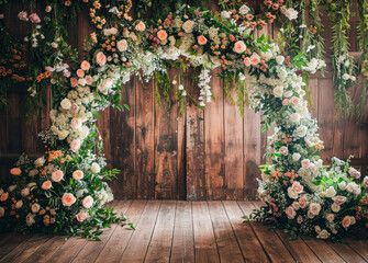 Presentation background with rainbow arch with spring flowers