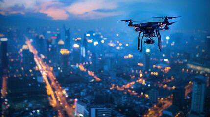 Naklejka premium Remote-controlled drone is seen soaring above a city skyline illuminated by bright lights during the nighttime. The drones lights reflect off the city below as it moves through the dark sky.
