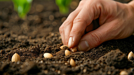 Farmer's hand planting seeds in soil