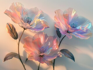 Three flowers with a metallic sheen and a blue background. The flowers are arranged in a way that they are almost touching each other