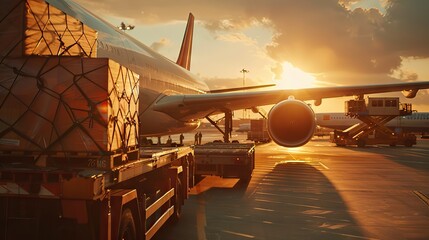 Airplane with cargo boxes and loading crew at airport, wide plane in the sunlight. The success of air transport, flight travel, and shipping. AI generated illustration