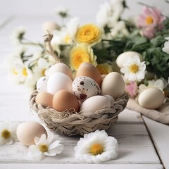 Colorful Easter Eggs with Floral Arrangement Generative AI