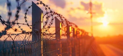 Close-up of sharp razor wire fence at sunset. Barbed tape. Rusty metal barbered wire on jail. Concept of prison, immigration, detention, boundary or war. AI generated illustration - obrazy, fototapety, plakaty