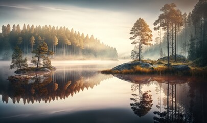 Serene Landscape of a Forested Russian Lake Generative AI - obrazy, fototapety, plakaty