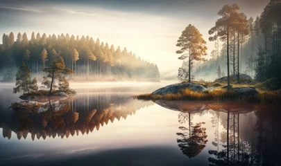 Gordijnen Serene Landscape of a Forested Russian Lake Generative AI © AlexandraRooss