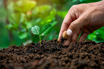 Farmer's hand planting seeds in soil agriculture concept