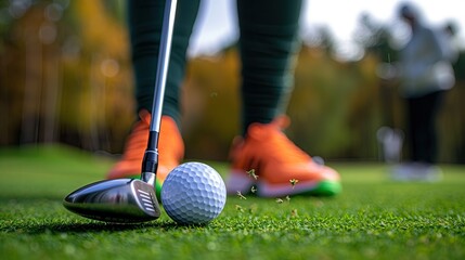 Player swinging golf club to hit golf ball on course