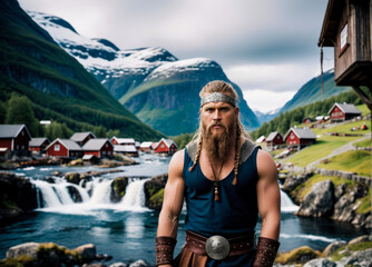 Historical characters - A Viking against the background of a village and a typical Viking ship - obrazy, fototapety, plakaty