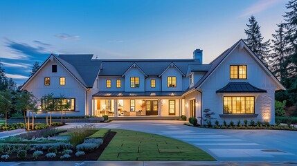 Step into a vision of modern elegance and luxury, where a beautiful farmhouse-style home exterior glows with warmth and sophistication against the backdrop of twilight