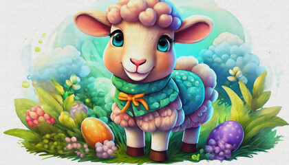 oil painting style CARTOON CHARACTER CUTE BABY a sheep isolated on white background, top view. side front view, animal,