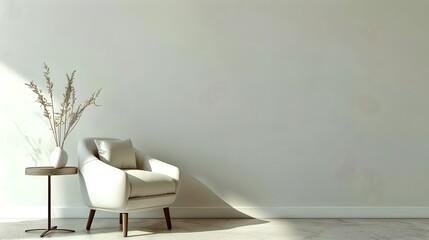 Minimalist interior design with elegant armchair and side table. A modern, simple home decor scene in neutral tones. Perfect for articles about interior trends. AI