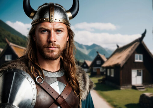 Historical characters - A Viking against the background of a village and a typical Viking ship