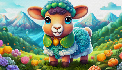 Fototapeta premium oil painting style CARTOON CHARACTER CUTE BABY a sheep isolated on white background, top view. side front view, animal,