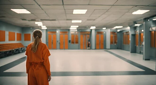 Back view of a female prisoner in jail.