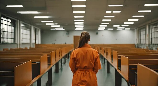 Back view of a female prisoner in jail.